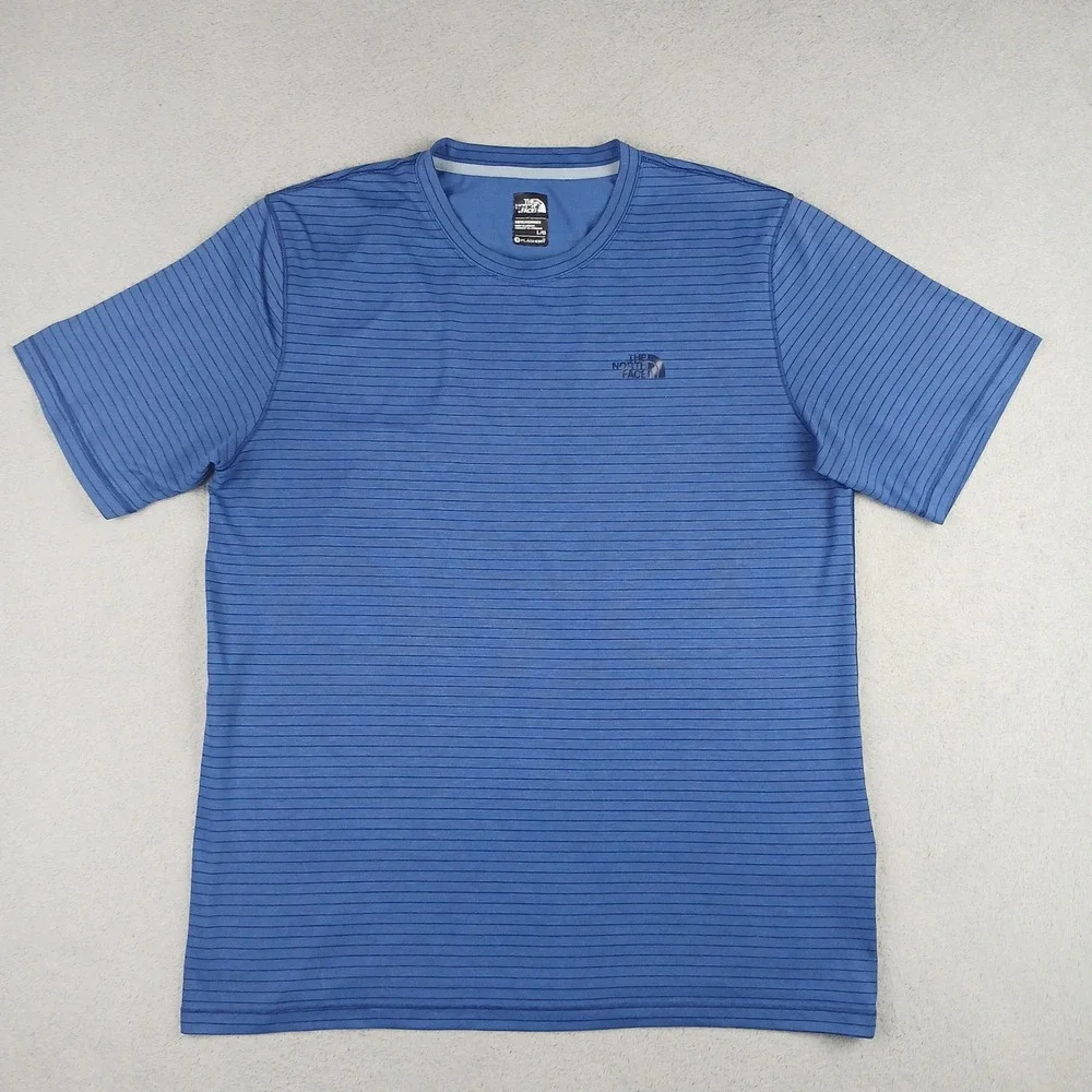 The North Face Shirt Mens Large Blue Striped FlashDry Hiking Active Short Sleeve